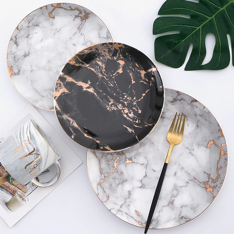 European Style Marble Ceramic Dinner Set – Gold Inlay Porcelain Plates - Ceramic Hues