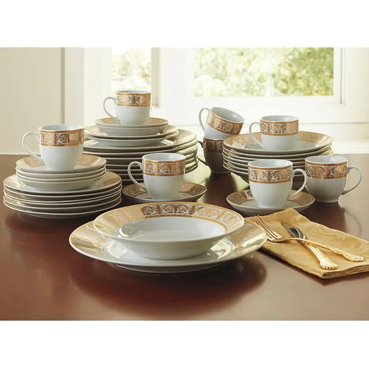 Medici 40-Piece Premium Golden Porcelain Dinnerware – Gold and White Set (Service for 8)