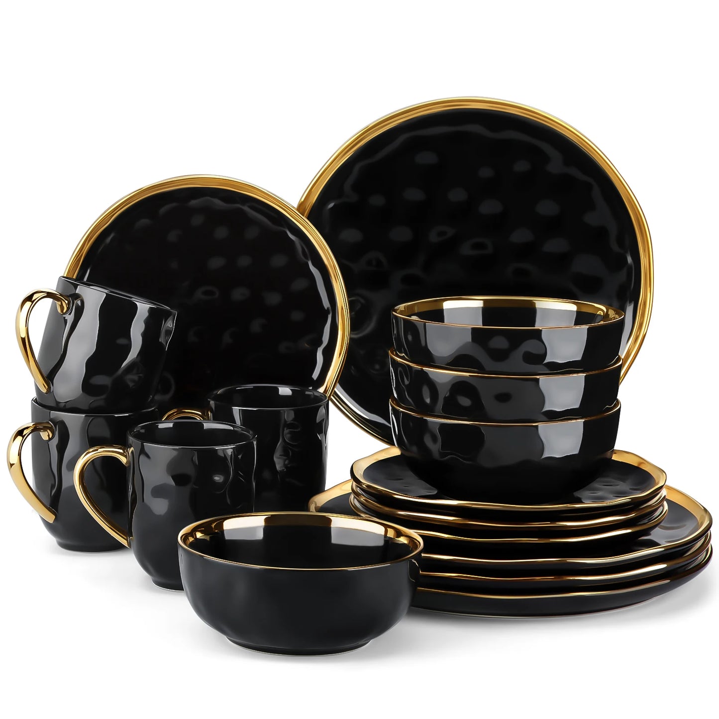 Black Porcelain Dinnerware Set with Gold Trim – 16/32 Piece Round Tableware Collection - Ceramic Hues