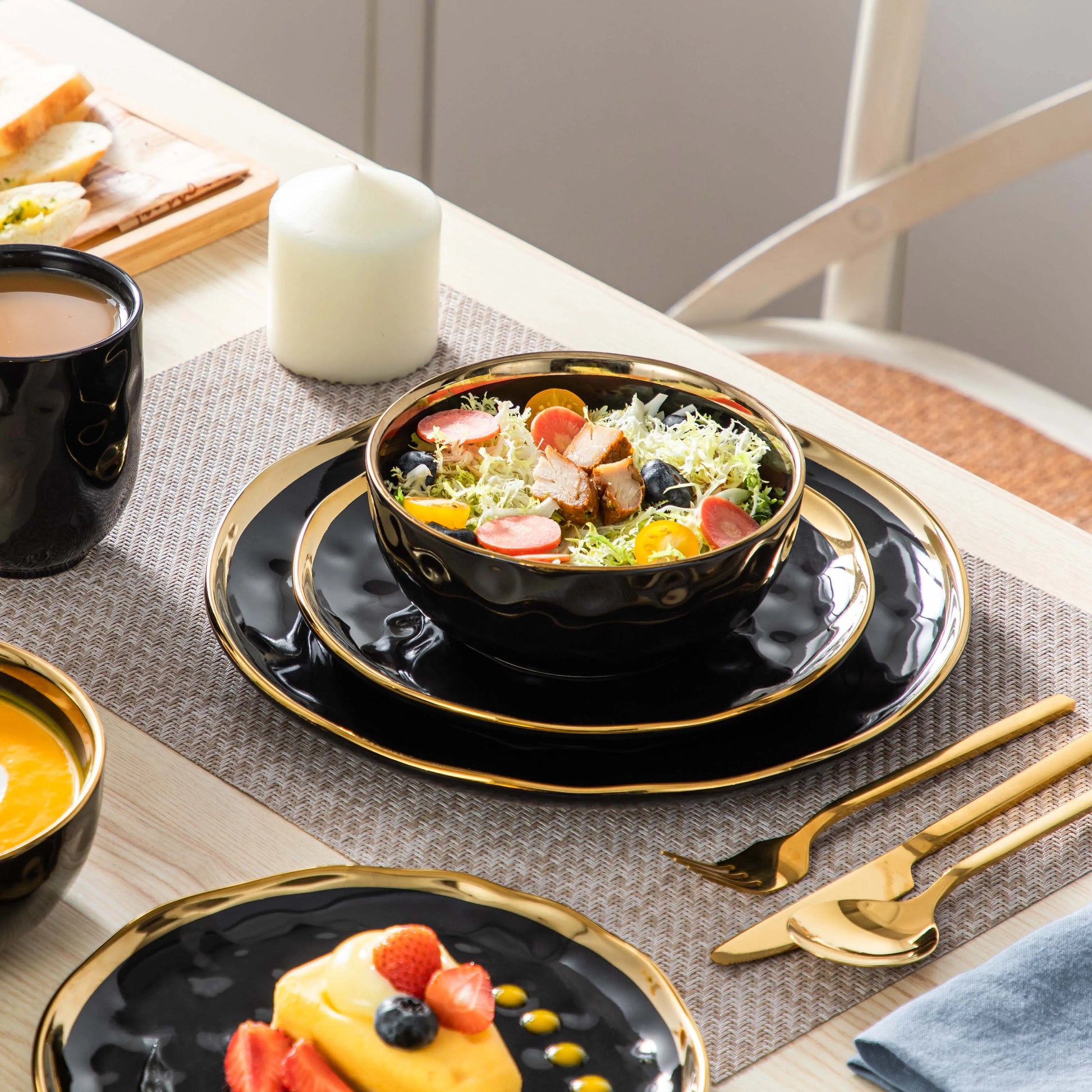 Black Porcelain Dinnerware Set with Gold Trim – 16/32 Piece Round Tableware Collection - Ceramic Hues