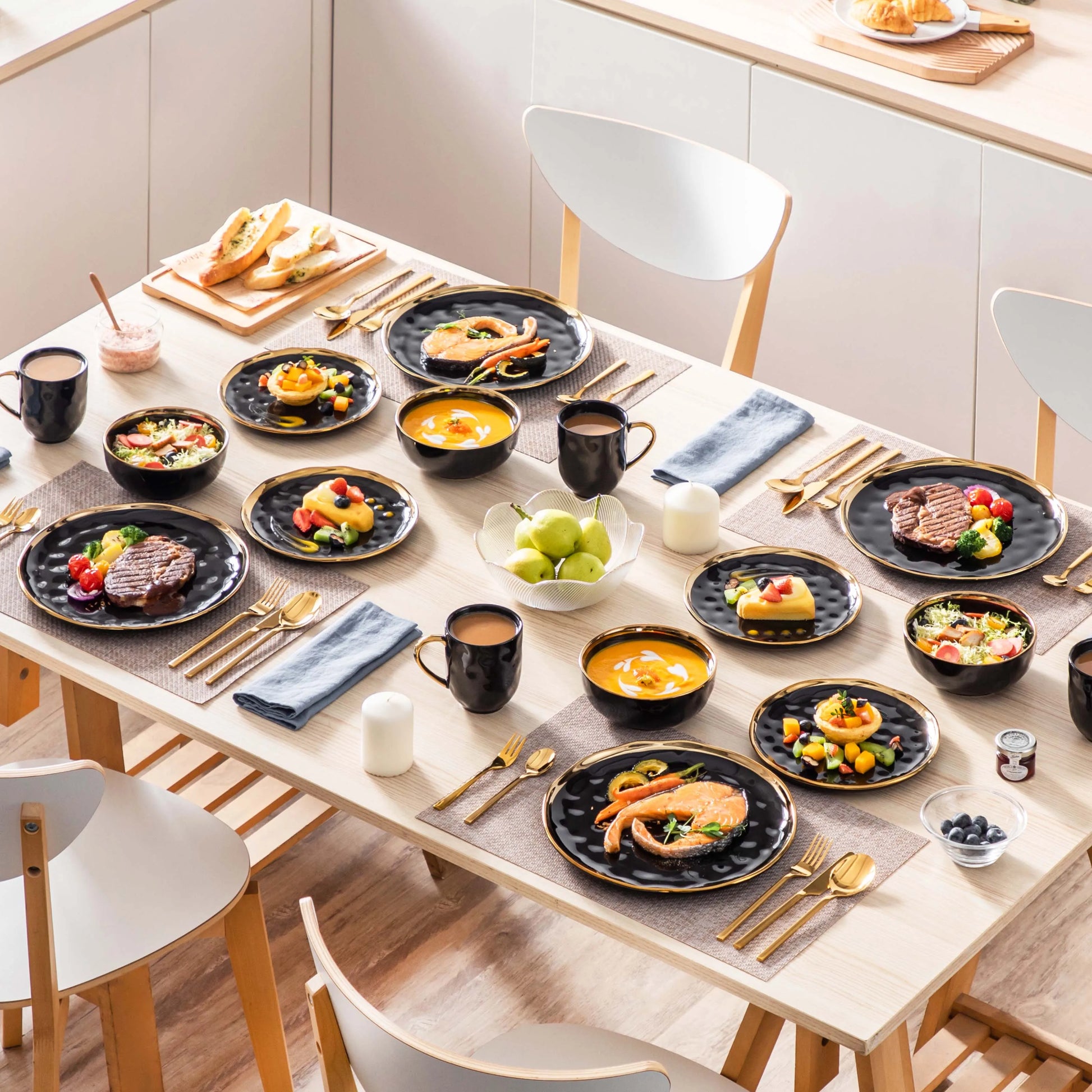 Black Porcelain Dinnerware Set with Gold Trim – 16/32 Piece Round Tableware Collection - Ceramic Hues