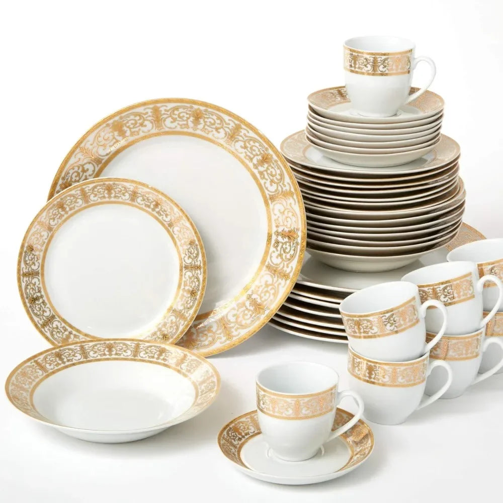 Medici 40-Piece Premium Golden Porcelain Dinnerware – Gold and White Set (Service for 8)