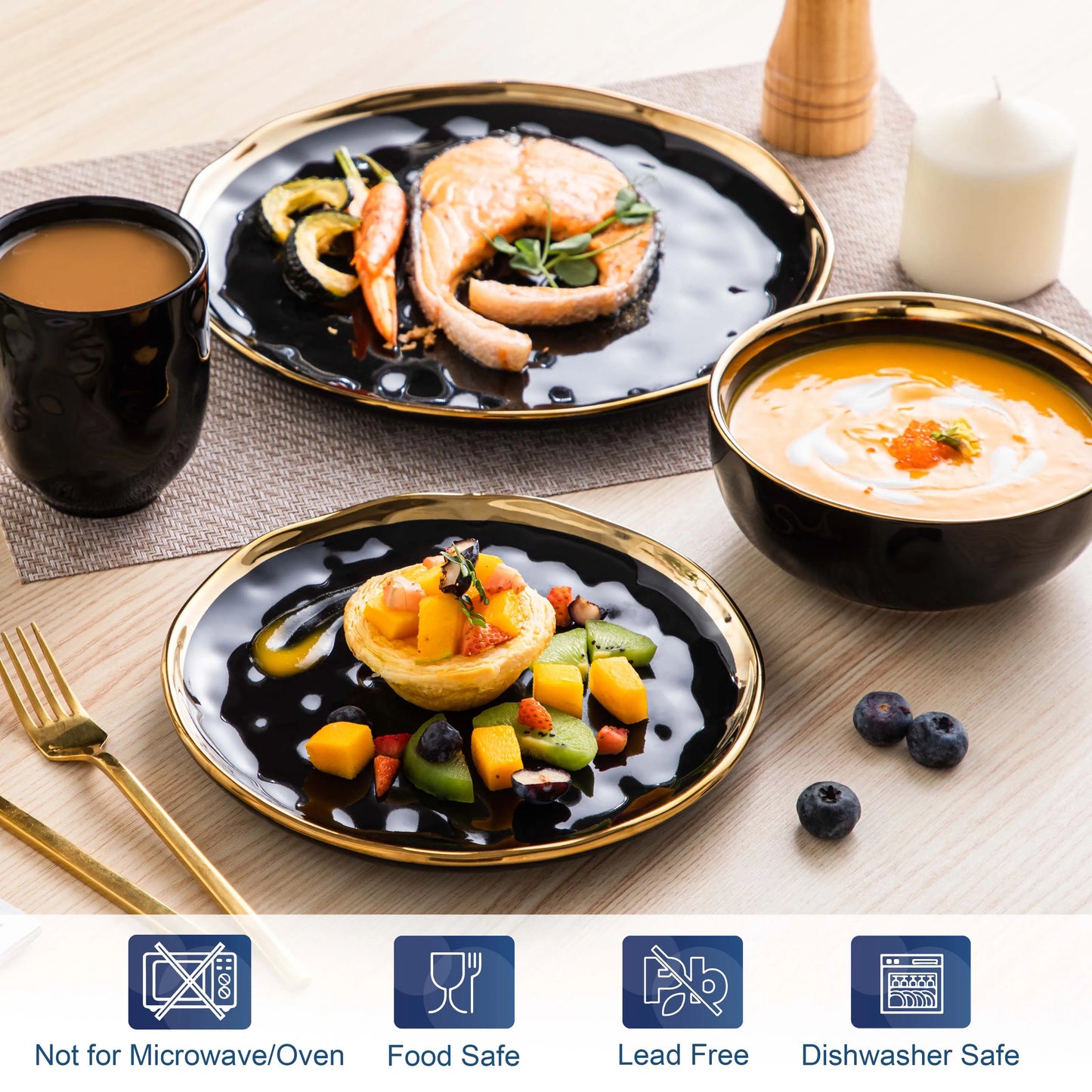 Black Porcelain Dinnerware Set with Gold Trim – 16/32 Piece Round Tableware Collection - Ceramic Hues