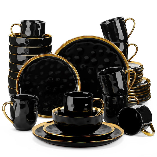 Black Porcelain Dinnerware Set with Gold Trim – 16/32 Piece Round Tableware Collection - Ceramic Hues